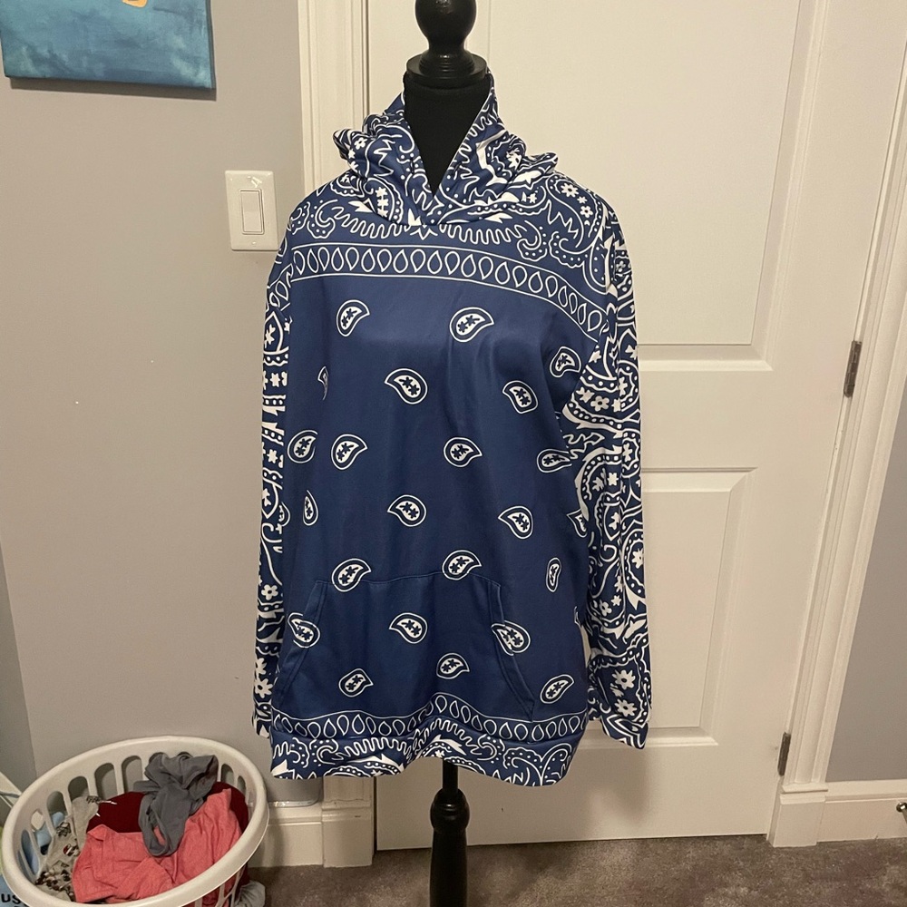 Elegant Blue Paisley Cowl Neck Sweater